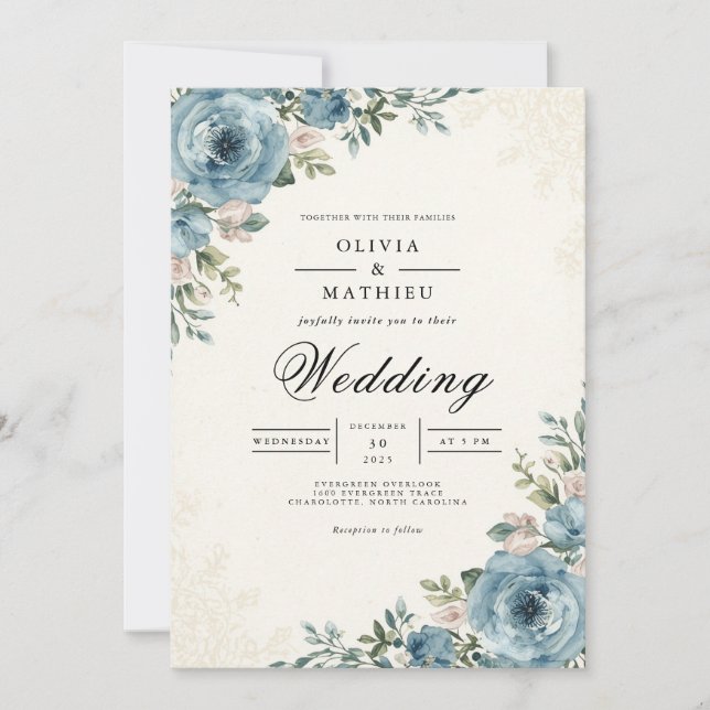 Ethereal Blue Botanical Romance Wedding Inbjudningar (Framsida)
