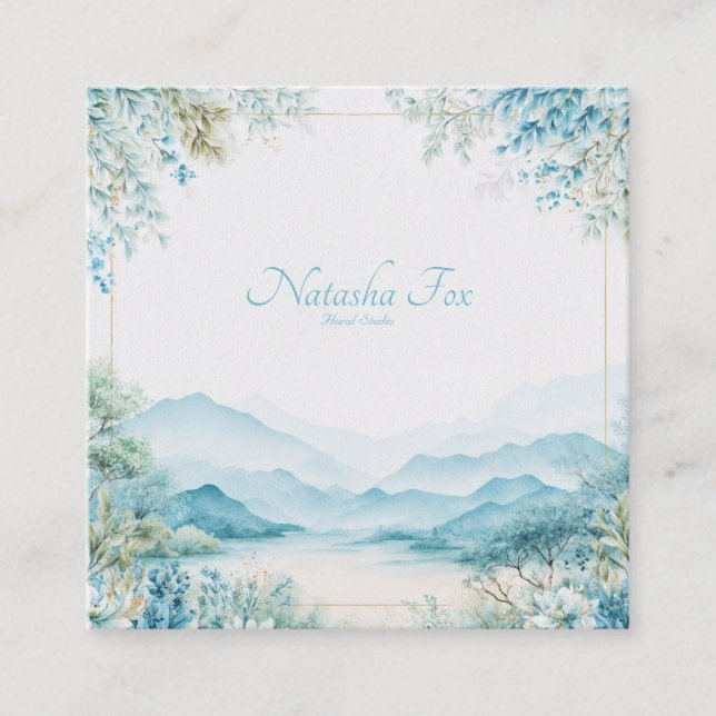 Ethereal Blue Mountain Floral Gold Frame Serene Fyrkantigt Visitkort (Framsida)
