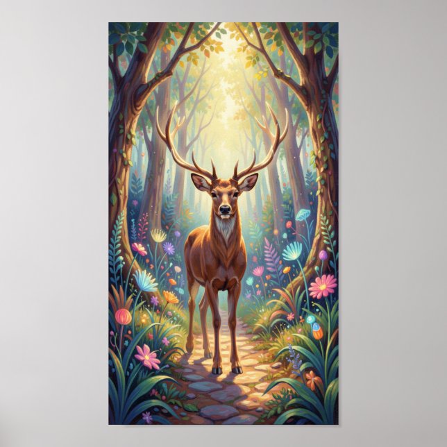 Ethereal Deer in Luminous Forest Path Poster (Framsidan)