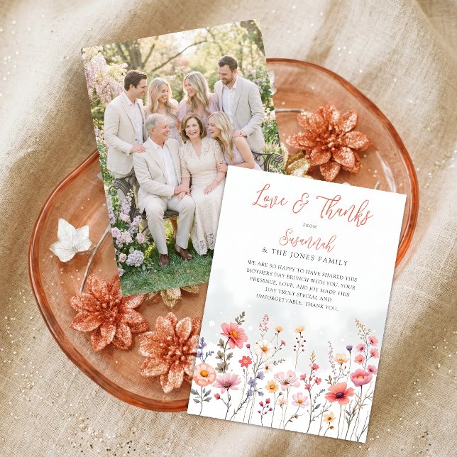 Ethereal Dreamy Wildflowers Coral Script Photo Tack Kort (Dreamy Love and Thanks Wildflowers Photo Mothers Day Brunch Thank You Card.)