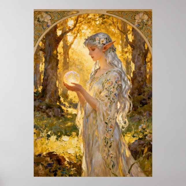 Ethereal Elf Maiden in Art Nouveau Style Poster (Framsidan)