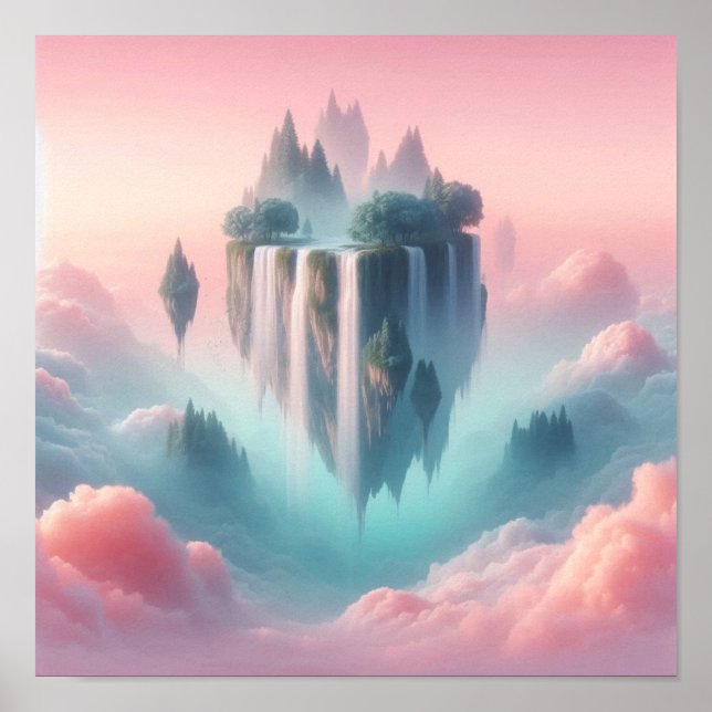 Ethereal Floating Islands and Waterfalls in Pastel Poster (Framsidan)