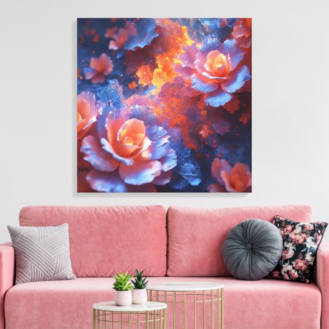 Ethereal Floral Energy – Blue & Fiery Rose Art Canvastryck (Insitu (Vardagsrum))
