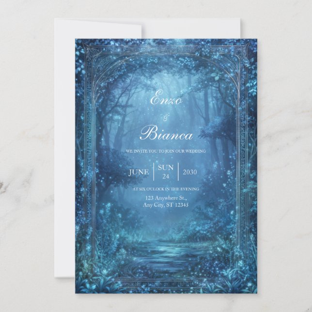 Ethereal Glowing Blue Magic Forest Wedding Inbjudningar (Framsida)