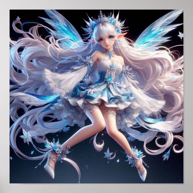 Ethereal Ice Queen Fairy with Flowing White Hair Poster (Framsidan)