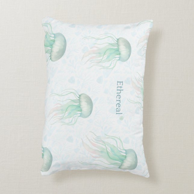 Ethereal jellyfish throw pillow teal prydnadskudde (Baksidan(Vertikal))