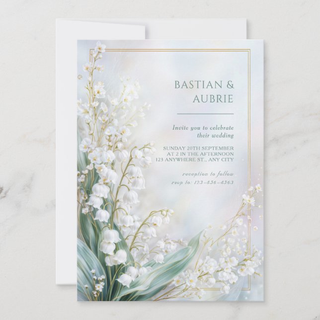 Ethereal Pastel Lily Valley Gold Frame Wedding Inbjudningar (Framsida)