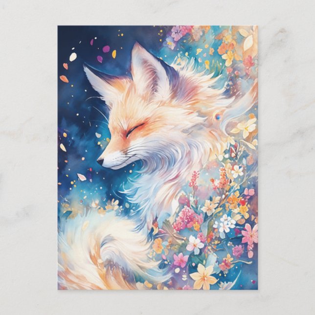 Ethereal Red Fox in Blue Floral Night Vykort (Framsida)