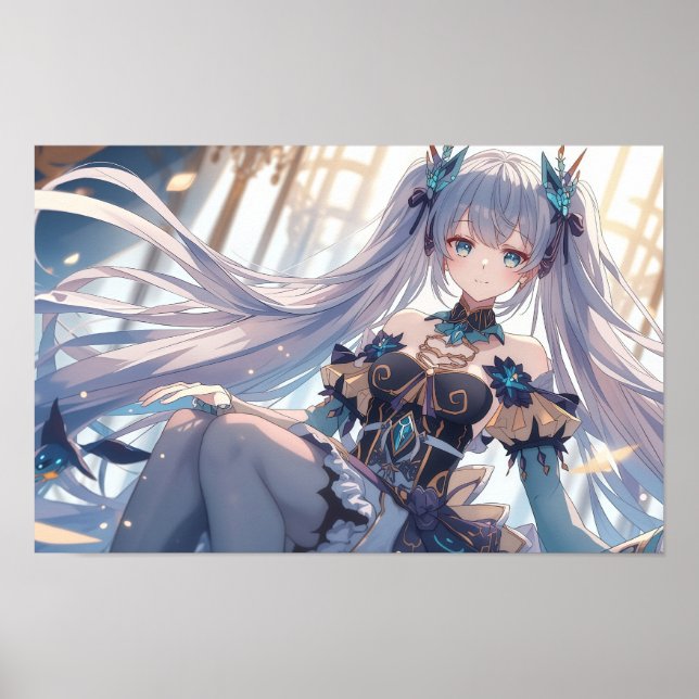 Ethereal Silver-Haired Anime Princess Fantasy Illu Poster (Framsidan)