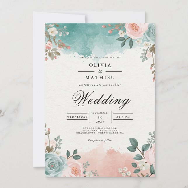 Ethereal Teal Blush Floral Arch Wedding Inbjudningar (Framsida)