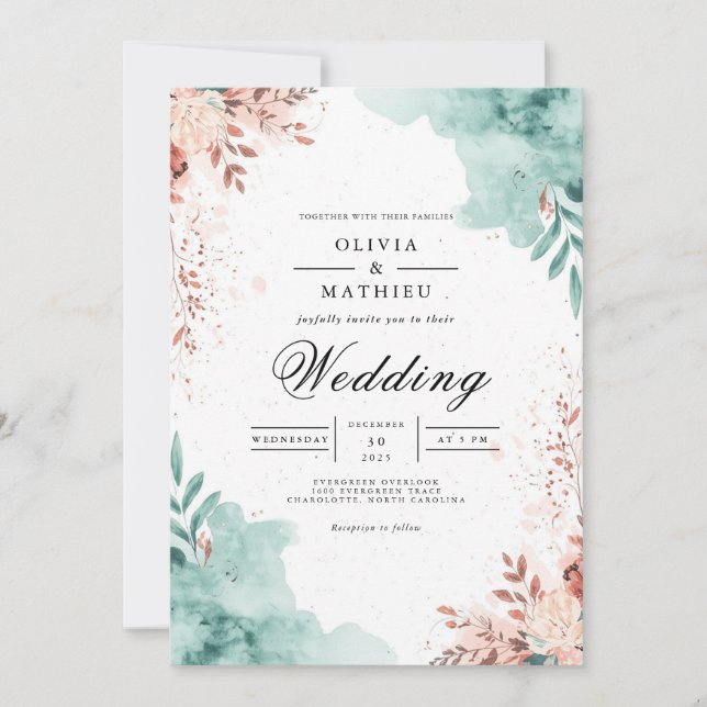 Ethereal Teal & Blush Flourish Wedding Inbjudningar (Framsida)