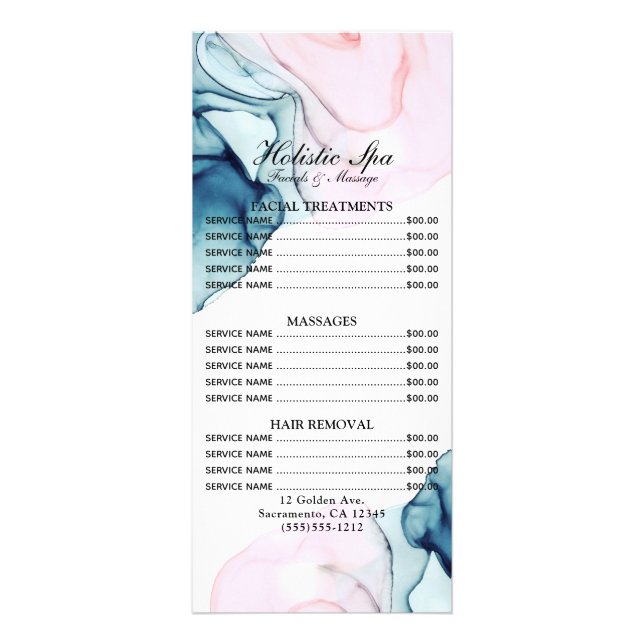Ethereal Teal & Pink Inky Glamour Salongs Prislist Reklamkort (Framsidan)