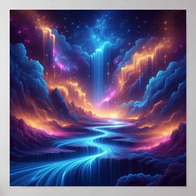 Ethereal Waterfalls Blending with a Starry Horizon Poster (Framsidan)