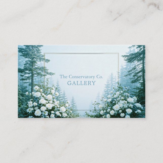 Ethereal White Rose Floral and Misty Pine Forest Visitkort (Framsida)