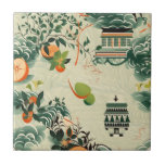 Ethereales Orangenmuster mit Zen-Tempeln Kakelplatta<br><div class="desc">Das Bild zeigt ein stilisiertes, minimalistisches Muster, das üppige grüne Blätter und saftige orangefarbene Früchte vereint, die auf einem sanften, welligen Hintergrund ruhen. Zwei elegante Tempelstrukturen ragen harmonisch aus der Natur hervor, strahlen Ruhe und spirituelle Tiefe aus. Die Farbpalette aus Grün, Orange und Creme vermittelt Frische und Gelassenheit, einladend zu...</div>