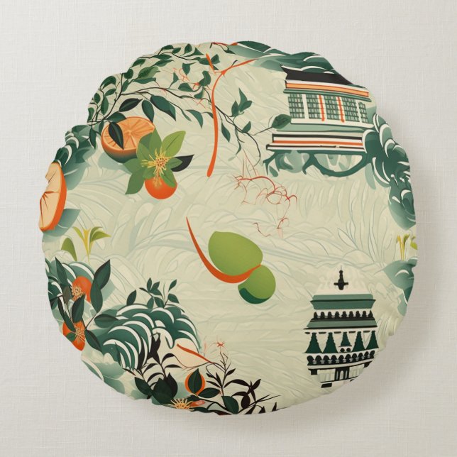 Ethereales Orangenmuster mit Zen-Tempeln Rund Kudde (Framsidan)