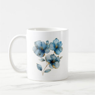 Etherska vattenfärgen azure blue och guld blommor kaffemugg