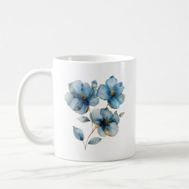 Etherska vattenfärgen azure blue och guld blommor kaffemugg (Vänster)