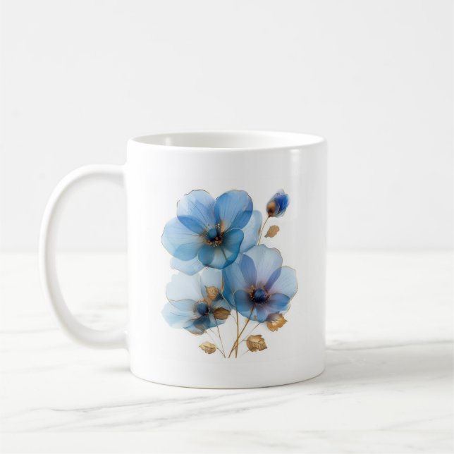 Etherska vattenfärgen azure blue och guld blommor kaffemugg (Vänster)