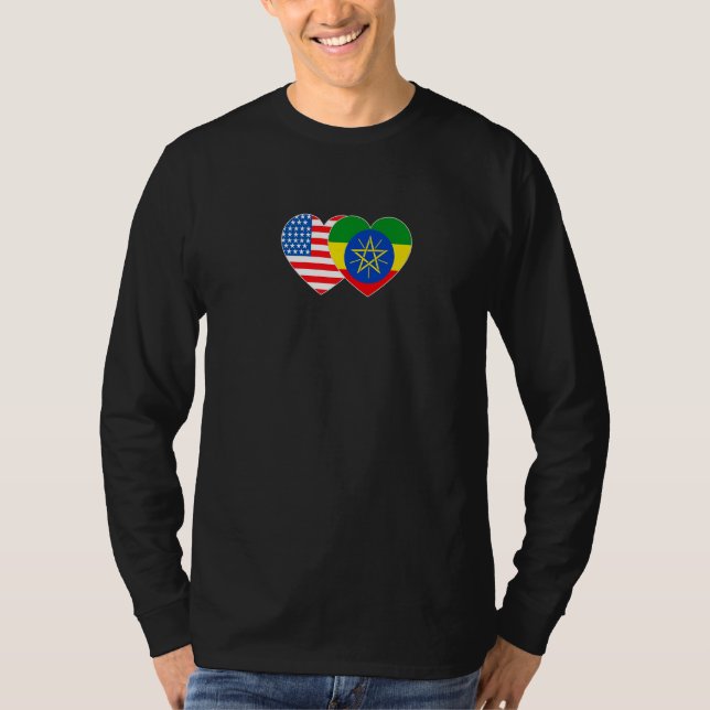 Ethiopia &US Flag Twin Heart 4 Ethiopian Americans T Shirt (Framsida)