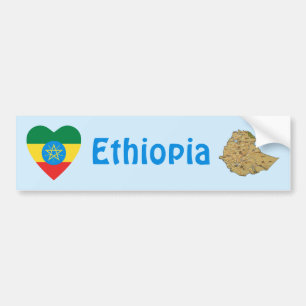 Ethiopiens flagga Hjärta + Karta Bildstämpel Bildekal
