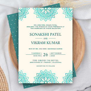 Ethnic Beige och Teal Mandala Indian Bröllop Inbjudningar