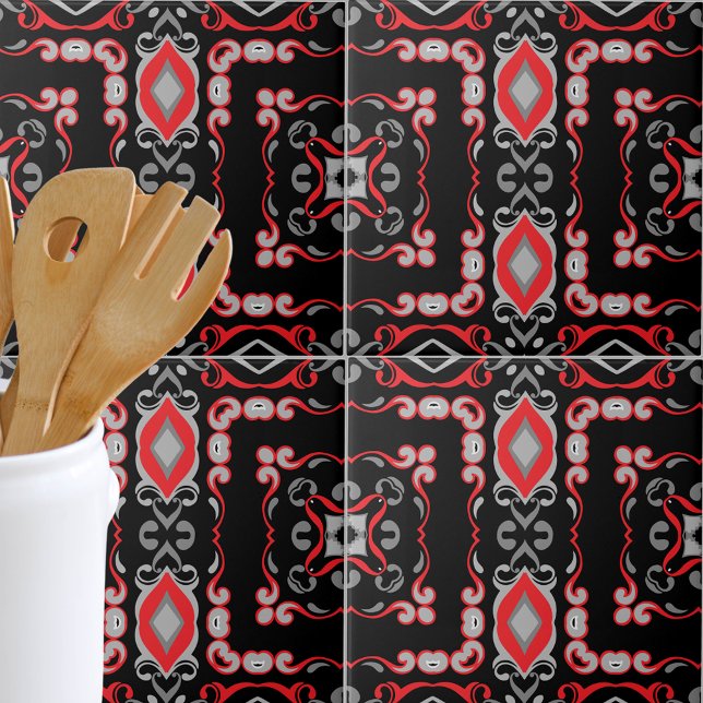 Ethnic Boho Folk Art Mosaic Black Red Grått Mönste Kakelplatta (Skapare uppladdad)