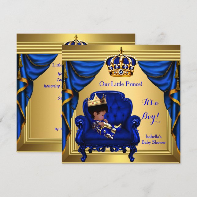 Ethnic Boy Baby Shower Prince Royal Blue Guld Inbjudningar (Fram/baksida)
