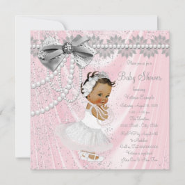 Ethnic Girl Rosa Grått Satin Pearl Baby Shower Inbjudningar