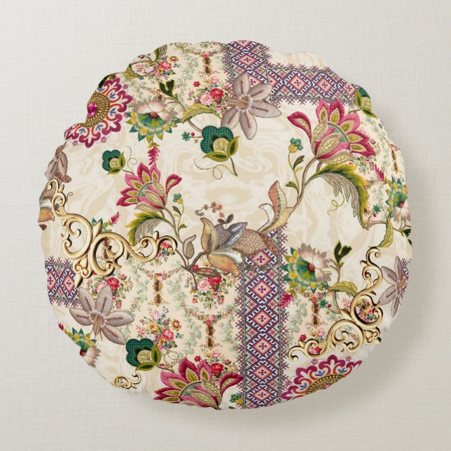 Ethnic Mughal Blommigt Paisley Rund Kudde (Framsidan)