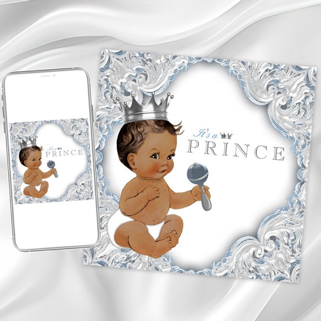 Ethnic Prince Baby Shower Blue och Silver Inbjudningar (Baby blue and silver baby shower invitation. Instant download and printed invitations available.)