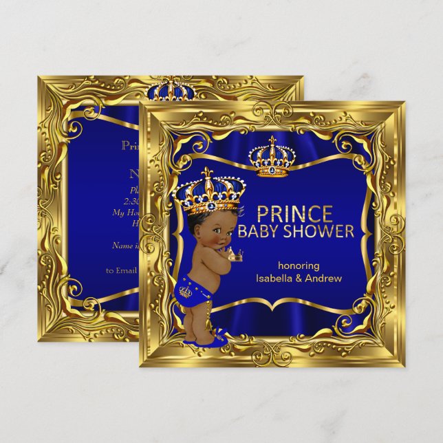Ethnic Prince Baby Shower Boy Blue Ornate Guld Inbjudningar (Fram/baksida)
