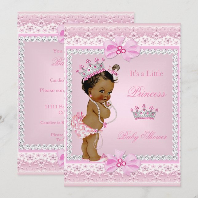 Ethnic Princess Baby Shower Girl Rosa Pearls Tiara Inbjudningar (Fram/baksida)