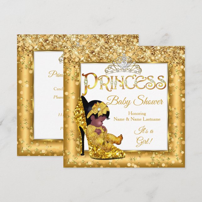 Ethnic Princess Baby Shower Guld High Heel Glitter Inbjudningar (Fram/baksida)