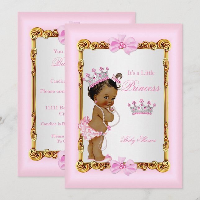Ethnic Princess Baby Shower Guld Rosa Pearls Tiara Inbjudningar (Fram/baksida)