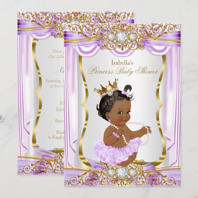 Ethnic Princess Baby Shower Lila Silke Guld Inbjudningar (Fram/baksida)