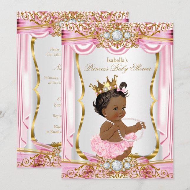 Ethnic Princess Baby Shower Rosa Silke Guld Inbjudningar (Fram/baksida)