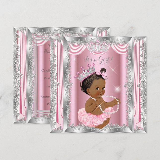 Ethnic Princess Baby Shower Rosa Silver Ballerina Inbjudningar (Fram/baksida)