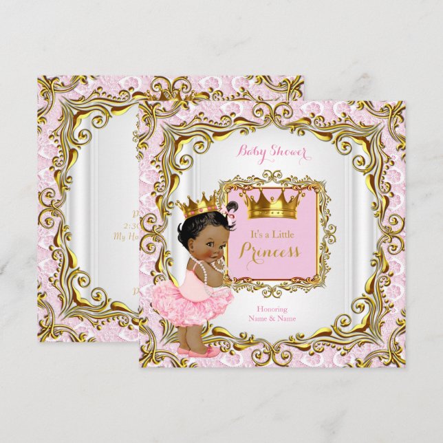 Ethnic Princess Baby Shower Rosa Snöre White Guld Inbjudningar (Fram/baksida)