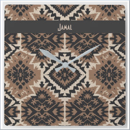 Ethnic Tribal Mudcloth Black & Tan Fyrkantig Klocka