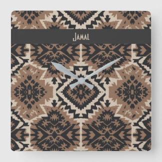 Ethnic Tribal Mudcloth Black & Tan Fyrkantig Klocka