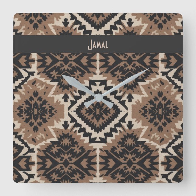 Ethnic Tribal Mudcloth Black & Tan Fyrkantig Klocka (Framsida)