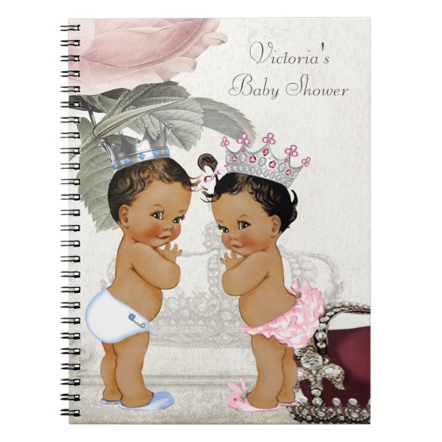 Ethnic Twin Prince och Princess Baby Shower Bok Anteckningsbok Med Spiral (Framsidan)
