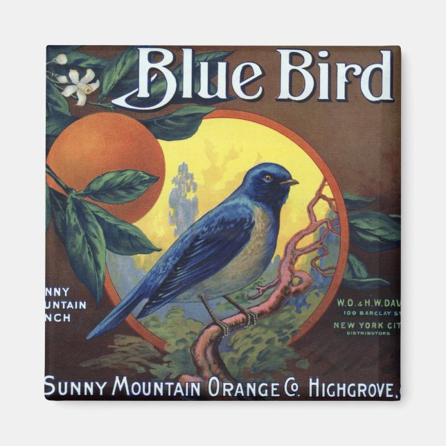 Etikett Blue Bird Orange Låda Magnet (Framsidan)