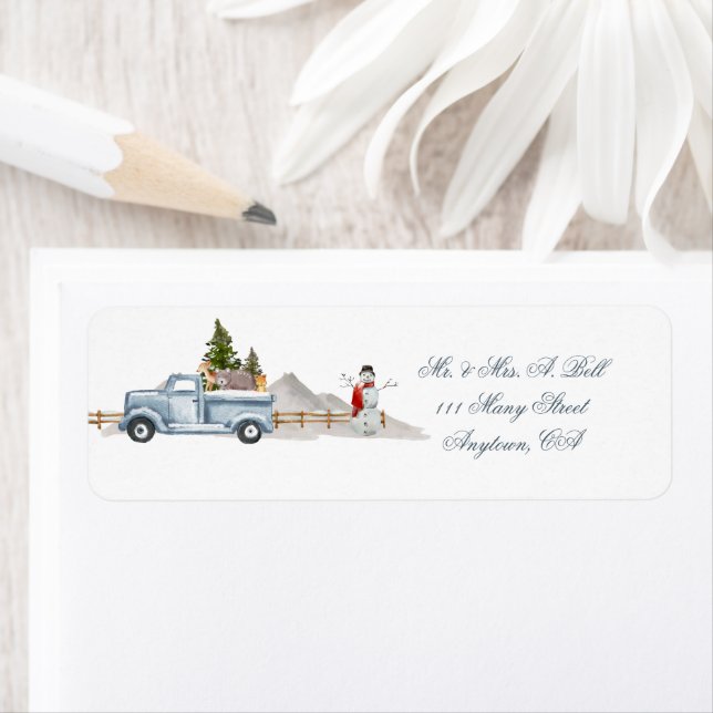 Etikett Blue Farm Lastbil och Snögubbe Returadress Etikett (Insitu)