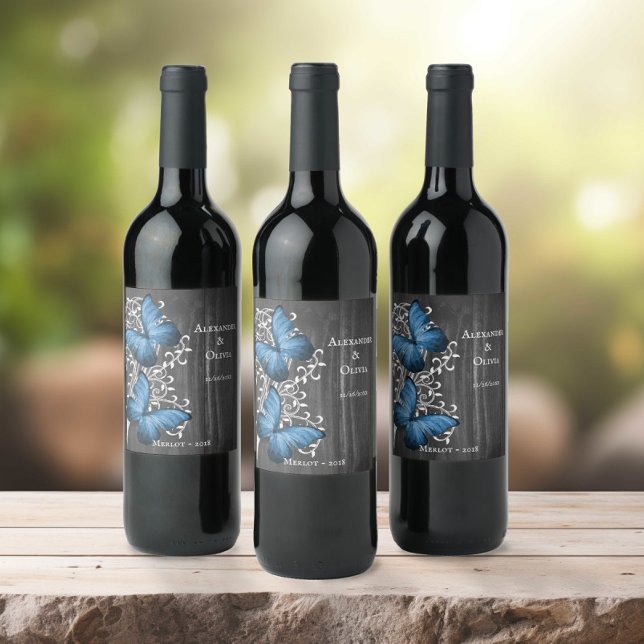 Etikett Blue Rustic Butterfly Bröllop Vin (Blue Rustic Butterfly Wedding Wine Label)