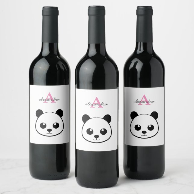 Etikett Cute Panda Vin - Anpassningsbar Monogram A (Flaskor)