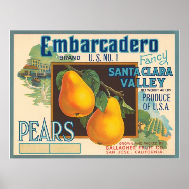 Etikett Embarcadero Pears Låda Poster (Framsidan)