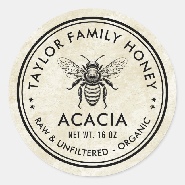 Etikett för Acacia-honung med honungsbin och vinta (Framsida)