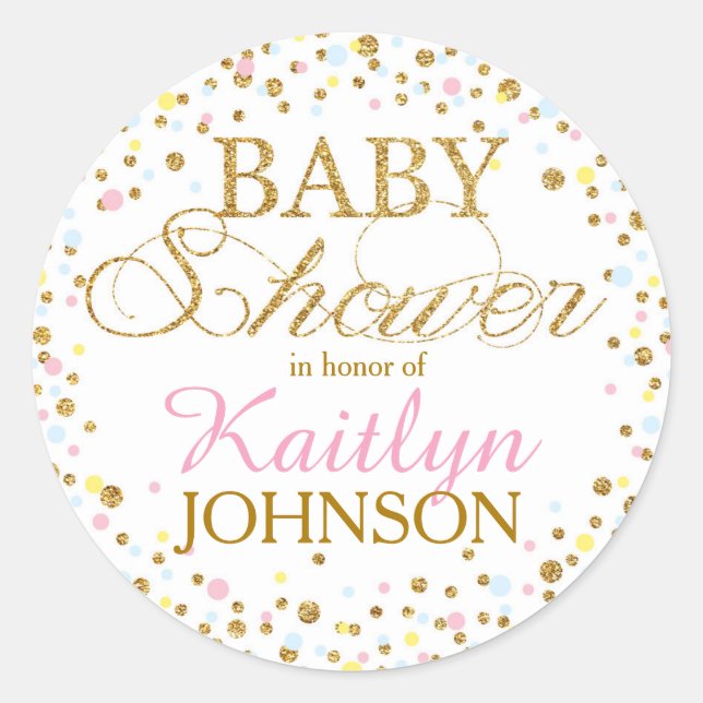 Etikett för baby shower för guld- glittergender (Framsida)
